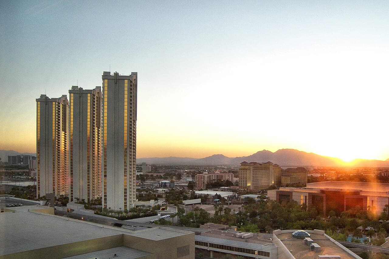 The three towers of The Signature at MGM Grand condo hotel at sunset in Las Vegas