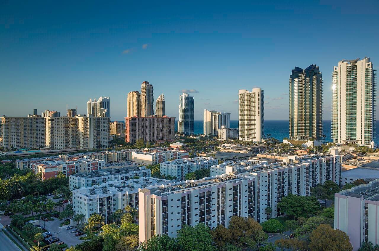 Condominium towers along the oceanfront in Sunny Isles Beach north of Miami Beach